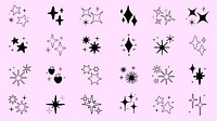 Collection of black star and sparkle icons on a pink background. Various star shapes and sparkles create a whimsical, decorative pattern. Star icons, sparkle icons. Element vector set.