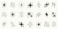 Set of hand-drawn star doodles. Stars in various styles, black and white star designs. Perfect for star-themed projects, star illustrations, and star decorations. Element vector set.