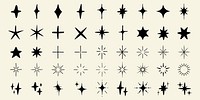 A collection of 36 black star shapes on a light background. Various star designs include sharp, rounded, and geometric styles. Star shapes for design and decoration. Element vector set.