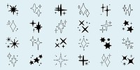 Collection of star doodles in various shapes. Star designs, star patterns, and star symbols. Simple black star illustrations on a light background. Element vector set.