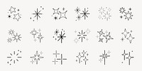 Set of star and sparkle icons. Various star shapes and sparkle designs. Minimalist star icons. Simple sparkle illustrations. Black and white star icons. Element vector set.