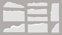 Collection of torn paper edges on a gray background. Torn paper with rough edges. Various torn paper shapes. Torn paper texture for design projects. Gray element vector set.