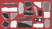 A collection of torn paper scraps with various patterns on a red background. Includes lined, grid, and polka dot designs in black, white, and gray. Gray element vector set.