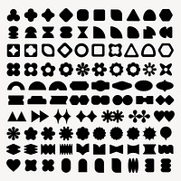 Collection of black geometric shapes. Geometric shapes include circles, triangles, and squares. Variety of geometric shapes in a grid layout. Shapes are bold and black. Black shapes, vector set.