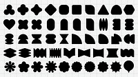 A collection of abstract black shapes on a grid background. Includes geometric forms like circles, squares, and triangles. Abstract shapes for design use. Black shapes, vector element set.