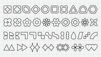 Vectors. Grid of geometric shapes: circles, squares, triangles, hexagons. Geometric patterns in a grid. Circles, squares, triangles, hexagons in various forms. Black shapes, vector set.