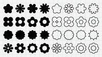 Grid of black and white floral shapes. Various floral patterns, floral designs, and floral motifs. Repeated floral elements in a grid layout. Black shapes, vector element set.