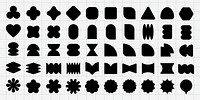 A grid of abstract black shapes, including circles, squares, and triangles. Various geometric shapes on a grid. Abstract shapes in a grid pattern. Black shapes, vector element set.