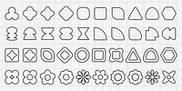 Vectors. Grid of geometric shapes, featuring circles, squares, triangles, and hexagons. Geometric shapes in various forms and sizes. Shapes on a grid background. Black shapes, vector set.