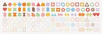 Colorful geometric shapes in various forms, including hearts, circles, and triangles. Geometric shapes create patterns and designs. Shapes are diverse and colorful. Pastel elements, vector set.