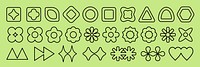 Vectors. A collection of geometric shapes on a green background. Includes circles, triangles, hexagons, and floral patterns. Simple line art of various geometric shapes. Black shapes, vector set.