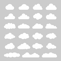 Collection of white cloud icons on a gray background. Cloud icons in various shapes. Simple cloud designs. Minimalist cloud illustrations. Weather illustration, vector set.