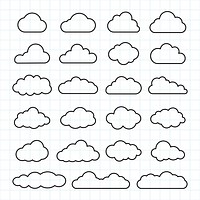 Grid with 25 cloud icons. Simple cloud shapes, outlined in black. Repeated cloud patterns. Minimalist cloud design. Perfect for cloud-themed projects. Weather illustration, vector set.