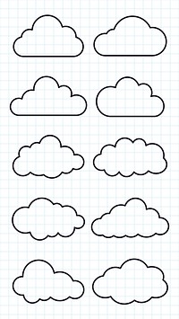 Set of cloud outlines on graph paper. Cloud shapes vary in size and style. Simple cloud designs, perfect for weather icons or educational materials. Weather illustration, vector set.