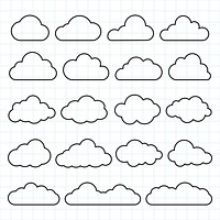 Grid paper with cloud outlines. Simple cloud designs, various cloud shapes. Minimalist cloud patterns on graph paper. Perfect for cloud-themed projects. Weather illustration, vector set.