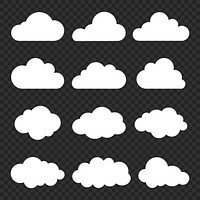 Set of 12 white cloud icons on a transparent background. Cloud shapes vary, offering diverse cloud designs. Perfect for cloud-themed projects or cloud graphics. Weather illustration, vector set.