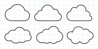 Set of six cloud outlines on grid paper. Cloud shapes vary slightly. Simple cloud designs on grid. Perfect for cloud-themed projects or cloud illustrations. Weather illustration, vector set.