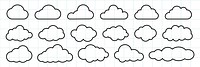 A grid of cloud icons in various shapes. Simple cloud designs on a lined background. Cloud shapes in a row, outlined in black. Cloud icons in different forms. Weather illustration, vector set.