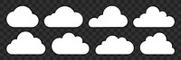 Set of eight white cloud icons on a transparent background. Cloud shapes vary, ideal for weather, sky, or cloud-themed designs. Cloud icons for digital use. Weather illustration, vector set.