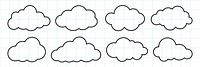 Simple cloud illustrations on grid paper. Eight cloud designs, each cloud outlined in black. Clouds on grid, perfect for weather or sky themes. Cloud collection. Weather illustration, vector set.