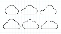 Simple cloud outlines on grid paper. Cloud shapes vary in size. Cloud outlines are bold. Grid paper background. Cloud designs for sketches or patterns. Weather illustration, vector set.