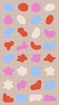 Abstract shapes in red, pink, blue, and white on a beige grid background. Colorful abstract shapes create a playful, modern pattern with a grid layout. Pastel shapes, vector element set.