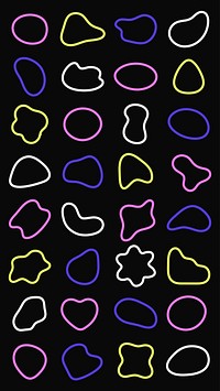 Abstract shapes in neon colors on a black background. Neon shapes include circles, ovals, and blobs. Bright neon colors create a vibrant, abstract pattern. Colorful shapes, vector element set.