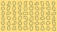 Abstract shapes pattern on yellow background. Various abstract shapes in black outline. Repeated abstract shapes create a playful, modern design. Black shape vector set.