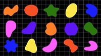 Colorful abstract shapes on a black grid. Shapes include stars, ovals, and blobs. Bright shapes in orange, green, yellow, pink, and blue. Abstract shapes repeat. Colorful shapes, vector element set.