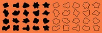 Abstract shapes in black and outline form on an orange background. Various abstract shapes, black and outlined, create a striking visual on orange. Black shape vector set.