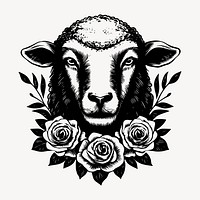 Intricate sheep with floral design, old school tattoo vector