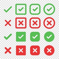 Set of check marks and cross icons. Green check marks, red cross symbols. Check marks and crosses in circles and squares. Symbols for correct and incorrect. Vector element set.