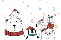 Festive animals in winter hats: polar bear, penguin, flamingo, and dog. Cute holiday theme with snowflakes and gifts. Adorable winter animals celebrating. Festive holiday animal illustration isolated.