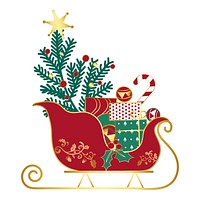 Festive sleigh with gifts, candy canes, and a Christmas tree. Red and gold sleigh, holiday gifts, and tree. Christmas sleigh, gifts, and festive decorations. Festive holiday illustration isolated.