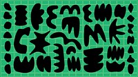 Abstract black shapes on a green grid background. The shapes are varied and irregular, creating a dynamic pattern. Green grid and black shapes dominate the design. Funky shapes vector set.