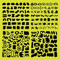 Abstract shapes in black on a yellow grid. Shapes vary in size and form. Bold black shapes contrast with yellow. Shapes create a dynamic visual pattern. Funky shapes vector set.