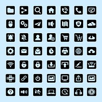 A grid of 56 black icons on a light blue background, featuring technology, communication, and interface symbols like gears, shopping cart, and cloud. User interface icon vector set.