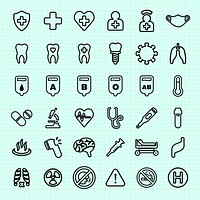 Medical icons set: health, cross, heart, mask, tooth, blood, lungs, thermometer, pills, microscope, heart rate, syringe, hospital, radiation, warning. User interface icon vector set.