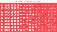 Digital icon mega pack with diverse icons. Icons include communication, security, and media. Versatile icons for digital use, perfect for digital projects. User interface icon vector set.