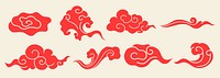 Set of red Chinese cloud motifs. Decorative cloud patterns in traditional Chinese style. Red clouds, swirling designs, elegant Chinese motifs, artistic clouds. Chinese weather elements, vector set.