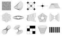 Collection of geometric patterns and optical illusions. Features spirals, grids, and abstract shapes. Geometric designs create optical illusions. Geometric elements, vector set.