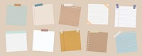 A collection of colorful sticky notes and paper sheets. Includes lined, grid, and plain designs. Sticky notes and paper sheets for reminders and notes. Memo elements, vector set.