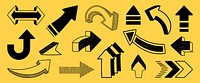 Various black arrows on a yellow background. Arrows in different directions, styles, and sizes. Arrows pointing up, down, left, and right. Hand drawn elements, vector set.