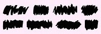 Eight black brush strokes on a light pink grid background. Brush strokes vary in shape and size. Artistic brush strokes create a bold, abstract pattern. Creative elements, vector set.