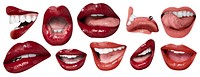 Collage of various lips in different expressions. Red lips, open mouths, tongues. Lipstick, teeth, and lips in diverse poses. Lip expressions and styles. Mouth elements, vector set.