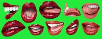 Collage of lips with red lipstick on a green background. Various expressions and angles. Lips with red lipstick, vibrant and expressive, on green. Mouth elements, vector set.