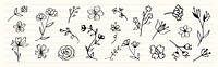 Hand-drawn floral doodles on lined paper. Various flower sketches, simple and artistic. Black and white floral designs, perfect for creative projects. Cute hand drawn floral elements, vector set.