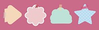 Colorful pastel tags in various shapes: arrow, flower, cloud, star. Each tag is uniquely designed, featuring pastel colors and creative shapes. Perfect for crafts. Cute memo element set. Vectors.