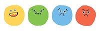 Colorful cartoon faces with different emotions: happy, sad, angry, and confused. Bright, expressive faces in yellow, green, blue, and red. Hand drawn cute emoticon illustration set. Vectors.