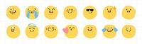 Set of 15 yellow emoji faces with various expressions: happy, sad, surprised, and cool. Emoji faces convey emotions like joy, surprise, and love. Hand drawn cute emoticon illustration set. Vectors.